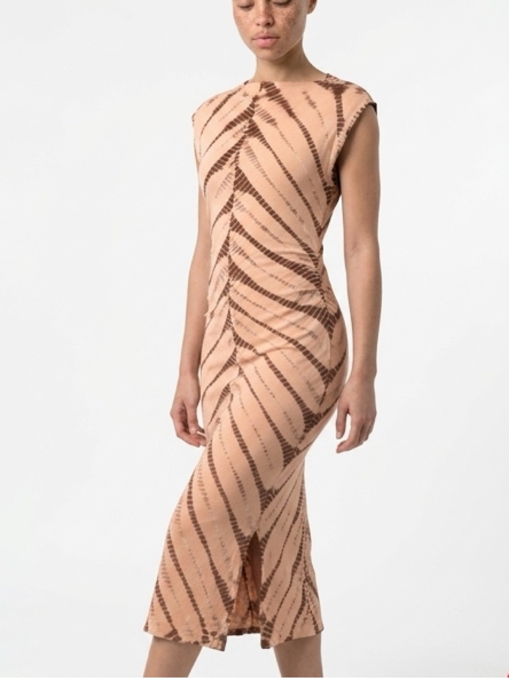 Sleeveless Peach Brown Printed Midi Dress
